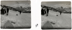 Switzerland, St. Moritz, a város feletti hegyoldal, kilátással a Piz Vadret hegyre., 1910, Schoch Frigyes, winter, sledge, stereophoto, Fortepan #27332