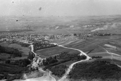 Magyarország, Bélapátfalva, Bél-kő, látkép a mészkőbányától a cementgyár felé. Előtérben a középkori ciszterci apátsági templom., 1950, Kern család, látkép, madártávlat, Fortepan #273393