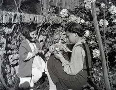 1938, Vargha Zsuzsa, garden, girls, rose, hairdo, Fortepan #273487