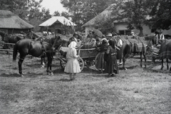 1935, Vargha Zsuzsa, fehér ruha, szekér, lópokróc, fejkendő, Fortepan #273499