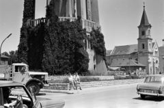 Hungary,Lake Balaton, Siófok, Fő utca, a felvétel a Víztorony előtt készült, jobbra a Sarlós Boldogasszony-templom., 1967, Szilvási hagyaték, number plate, Fortepan #273833