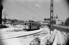 Magyarország, Budapest I., Krisztina körút és az Erzsébet híd lehajtójának építési területe, jobbra a Alexandriai Szent Katalin-templom részlete látható., 1963, Szilvási hagyaték, Best of, építkezés, villamos, Budapest, Fortepan #273839