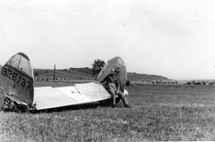 Magyarország, Dad, a település határában 1944. július 14-én lezuhant Lockheed P-38J Lightning típusú vadászrepülőgép roncsa. A gép elhunyt pilótája Franz McKinley Higdon az amerikai légierő hadnagya volt., 1939, Molnár Gyula, Lockheed P-38 Lightning, járműroncs, Lockheed-márka, Fortepan #274532