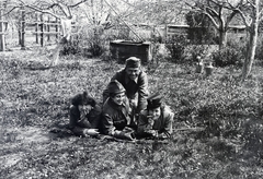 1914, Sibinger János, yard, lying on stomach, smile, cross-dressing, uniform, lie in the grass, tableau, Fortepan #274698