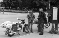 Hungary, Mezőkövesd, Mátyás király út (Tanácsköztársaság utca), a felvétel a Szent László térnél készült., 1977, Hajdú György, number plate, Jawa-brand, motorcycle, movie schedule, Fortepan #275150