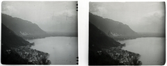 Switzerland, Montreux, kilátás a Genfi-tóra és Chillon várára., 1910, Schoch Frigyes, lake, mountain, stereophoto, Fortepan #27518