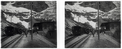 Switzerland, a Jungfraubahn fogaskerekű vasút Eigergletscher állomása., 1910, Schoch Frigyes, railway, snow, mountain, train station, stereophoto, Fortepan #27523