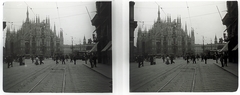 Italy, Milan, Dóm tér (Piazza del Duomo), a Dóm főhomlokzata., 1909, Schoch Frigyes, architecture, tram, gothic, stereophoto, horse sculpture, Cathedral, Victor Emmanuel II-portrayal, bicycle, Fortepan #27540