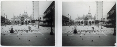 Italy, Venice, Szent Márk tér és székesegyház., 1909, Schoch Frigyes, square, construction, basilica, palace, dove, stereophoto, watch tower, bird feeding, bell tower, Fortepan #27557