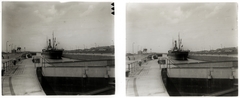 Netherlands, IJmuiden, Északi-tengeri-csatorna (Noordzeekanaal), zsilip., 1910, Schoch Frigyes, ship, flag, steamboat, stereophoto, mooring bollard, Fortepan #27562