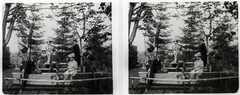 1907, Schoch Frigyes, garden, tableau, stereophoto, sitting on a table, hat on knees, Fortepan #27579