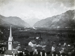 Switzerland, Domleschg-völgy, balra a település református temploma látható., 1909, Bojér Tibor, picture, mountain, steeple, valley, Fortepan #276051