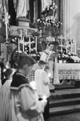 1958, Hámori Gyula, priest, reading, flower decoration, altar, Fortepan #276219