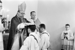 Hungary, Budapest VIII., Mikszáth Kálmán tér 1., Piarista Gimnázium (később a Pázmány Péter Katolikus Egyetem egyik épülete). A felvétel papok szentelésekor az első emeleti kápolnában készült. Középen dr. Szabó Imre katolikus püspök, érseki helynök., 1954, Hámori Gyula, bishop, gesture, blessing, Piarist Order, ordination, Budapest, Fortepan #276244