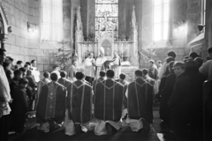 Hungary, Veszprém, Szentháromság tér, Szent Mihály-székesegyház, a felvétel papok szentelésekor készült., 1954, Hámori Gyula, back, ordination, kneeling, vestments, altar, looking back, church interior, Fortepan #276272