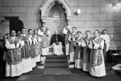 Hungary, Veszprém, Szentháromság tér, Szent Mihály-székesegyház, a felvétel papok szentelésekor készült., 1954, Hámori Gyula, Best of, tableau, stairs, ordination, vestments, Fortepan #276273