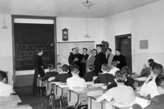 1960, Hámori Gyula, board, wall clock, Franciscans, classroom, cassock, visitors, pendulum clock, Fortepan #276312