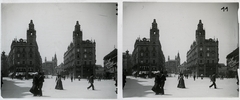 Magyarország, Budapest V., Ferenciek tere (Kígyó tér), Klotild paloták, háttérben az épülő Erzsébet híd., 1902, Schoch Frigyes, Korb Flóris-terv, Giergl Kálmán-terv, hídépítés, sztereófotó, eklektikus építészet, Budapest, függőhíd, Duna-híd, Kherndl Antal-terv, Czekelius Aurél-terv, Fortepan #27633