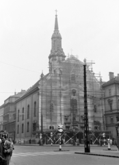 1959, Hámori Gyula, csibi lamp, crosswalk, signal, church, scaffolding, Fortepan #276339