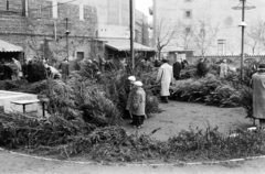 Magyarország, Budapest V., Kálvin tér - Kecskeméti utca sarok karácsonyfavásár a Városkapu vendéglő kerthelyiségében. Háttérben a Kecskeméti utca, középen a Magyar utca torkolata. Balra a tűzfalon az egykori városkapu emlékét idézi a téglából kirakott ábrázolás., 1957, Hámori Gyula, Best of, Budapest, fenyőfa, karácsony, vásár, Fortepan #276345