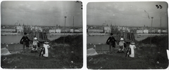 Hungary, Budapest I., az épülő Erzsébet híd a Gellérthegyről nézve., 1900, Schoch Frigyes, bridge, construction, bridge building, photography, Danube, stereophoto, eclectic architecture, Budapest, suspension bridge, Duna-bridge, Antal Kherndl-design, Aurél Czekelius-design, Fortepan #27654