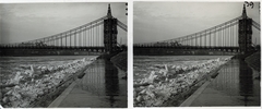 Hungary, Budapest V., az épülő Erzsébet híd pesti hídfője a zajló Dunával., 1903, Schoch Frigyes, winter, bridge building, Danube, ice breaking, stereophoto, eclectic architecture, Budapest, suspension bridge, Duna-bridge, Antal Kherndl-design, Aurél Czekelius-design, Fortepan #27660