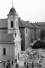 Hungary, Budapest VIII., Rákóczi út - Gyulai Pál utca sarok, Szent Rókus-kápolna és a Rókus kórház., 1958, Hámori Gyula, Budapest, church clock, Fortepan #276644