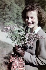 1938, Koncz Nándor, smile, lady, colorful, gloves, lilac, Fortepan #276713