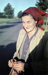 1938, Koncz Nándor, smile, headscarf, lady, colorful, trench coat, Fortepan #276715