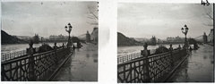 Hungary, Budapest V., Belgrád (Ferenc József) rakpart. Látkép az Erzsébet híd felé., 1903, Schoch Frigyes, winter, bridge building, Danube, stereophoto, eclectic architecture, Budapest, suspension bridge, Duna-bridge, Antal Kherndl-design, Aurél Czekelius-design, flood, Fortepan #27680