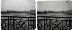 Hungary, Budapest, Szabadság (Ferenc József) híd, látkép az Erzsébet híd felé., 1903, Schoch Frigyes, winter, bridge building, Danube, ice breaking, stereophoto, eclectic architecture, suspension bridge, Duna-bridge, Antal Kherndl-design, Aurél Czekelius-design, Fortepan #27681