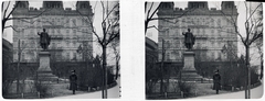 Hungary, Budapest V., Eötvös tér, Eötvös József szobra (Huszár Adolf 1879.), mögötte a Stein-ház., 1907, Schoch Frigyes, sculpture, monument, stereophoto, Budapest, József Eötvös-portrayal, Fortepan #27699