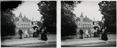 Hungary, Budapest XIV., Vajdahunyad vára., 1907, Schoch Frigyes, architectural heritage, castle, architecture, Ignác Alpár-design, stereophoto, eclectic architecture, Budapest, sitting on a handrail, Fortepan #27705