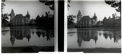 Hungary, Budapest XIV., Vajdahunyad vára., 1907, Schoch Frigyes, architectural heritage, castle, lake, water surface, architecture, Ignác Alpár-design, stereophoto, reflection, eclectic architecture, Budapest, Fortepan #27707