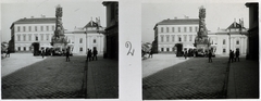 Hungary, Budapest I., Szentháromság tér és a Szentháromság-szobor a Tárnok utcából nézve, balra az Országház utca torkolata., 1902, Schoch Frigyes, monument, stereophoto, Holy Trinity Statue, Budapest, Fortepan #27721