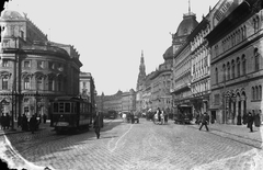 Magyarország, Budapest VII.,Budapest VIII., József körút a Népszínház utcai kereszteződésnél, balra a Népszínház (a későbbi Nemzeti Színház) épülete és mögötte a Rákóczi út sarkán az Emke-ház. Szemben az erzsébet körút és a New York palota tornyos épülete. Jobb szélen a Magyar Királyi Technológiai Iparmúzeum épülete látható., 1903, Deutsche Fotothek / Brück und Sohn, Best of, villamos, fogat, utcakép, lovaskocsi, múzeum, Budapest, Fortepan #277669