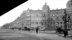 Hungary, Budapest VI., Kodály körönd (Körönd), szemben az Andrássy út Hősök tere felé vezető szakasza., 1904, Deutsche Fotothek / Brück und Sohn, sculpture, gas lamp, cab-horse, street lamp, kid, horse tramway, Budapest, Fortepan #277682