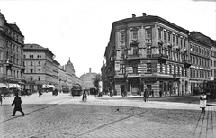 Hungary, Budapest V.,Budapest VI., Bajcsy-Zsilinszky út (Váci körút) a Nyugati tér felé nézve. Jobbra a Podmaniczky utca - Nagymező utca találkozása., 1904, Deutsche Fotothek / Brück und Sohn, tram, shader, architectural ornament, cornerhouse, ad pillar, savings bank, optician, dentist, rails, Budapest, Fortepan #277687