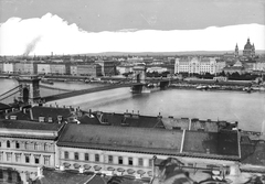 Hungary, Budapest I., kilátás a Savoyai terasz felől a Széchenyi Lánchíd, a Széchenyi István (Ferenc József) tér és a Szent István-bazilika felé., 1908, Deutsche Fotothek / Brück und Sohn, Budapest, Fortepan #277816