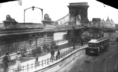 Hungary, Budapest I., Széchenyi Lánchíd, a felvétel a budai hídfőnél készült., 1908, Deutsche Fotothek / Brück und Sohn, tram, bridge, stone lion, Budapest, Fortepan #277827