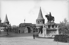 Magyarország, budai Vár, Budapest I., Szentháromság tér, Szent István szobra (Stróbl Alajos, 1906.) a Halászbástyánál., 1911, Deutsche Fotothek / Brück und Sohn, lovas szobor, Budapest, Fortepan #277865