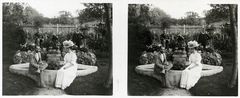 Hungary, Budapest I., kert a Bérc utcánál., 1909, Schoch Frigyes, fashion, hat, stereophoto, Budapest, leg over leg, Fortepan #27795