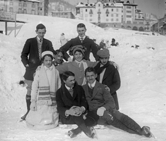 Svájc, St. Moritz, 1910, Schoch Frigyes, tél, csoportkép, Fortepan #27837