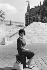 Hungary, Budapest V., a felvétel a pesti alsó rakparton készült, háttérben a Parlament., 1960, Artfókusz, mooring bollard, sitting, posture, lady, Budapest, Fortepan #278457