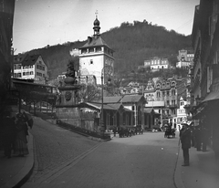 Czech Republik, Karlovy Vary, Piac kolonád.., 1907, Schoch Frigyes, Fellner and Helmer-design, tower, lookout, wooden structure, colonnade, health resort, Fortepan #27935