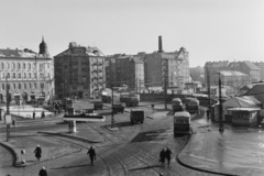 Magyarország, Budapest IX., Boráros tér., 1960, UVATERV, autóbusz, utcakép, életkép, villamos, hirdetőoszlop, látkép, Ikarus 66, csibilámpa, pavilon, tejivó, Budapest, Fortepan #27961