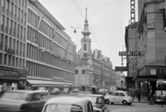 Austria, Vienna, Mariahilfer Strasse a 49. számtól a Stiftgasse felé, a kép közepén a Stiftskirche zum Heiligen Kreuz látható., 1965, Artfókusz, Fortepan #280446