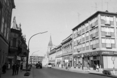 Hungary, Kaposvár, Fő (Május 1.) utca a Kossuth Lajos utca kereszteződésénél, háttérben a Nagyboldogasszony templom (később székesegyház)., 1960, Artfókusz, street view, Fortepan #280868