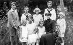 Zita királyné gyermekei körében. Hátsó sor, Habsburg Ottó, Félix, Károly Lajos, Róbert, Rudolf, első sor: Erzsébet, Etelka, Sarolta (b-j)., 1927, Habsburg Ottó Alapítvány, csoportkép, gyerekek, pad, anya, Fortepan #281189