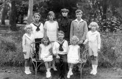 Zita gyermekeivel, hátsó sor (b-j): Rudolf, Róbert, Etelka, Zita, Ottó, Károly Lajos, ülő sor (b-j): Sarolta, Félix és Erzsébet, 1925, Habsburg Ottó Alapítvány, gyerekek, pad, anya, matrózblúz, zsabós blúz, Fortepan #281242